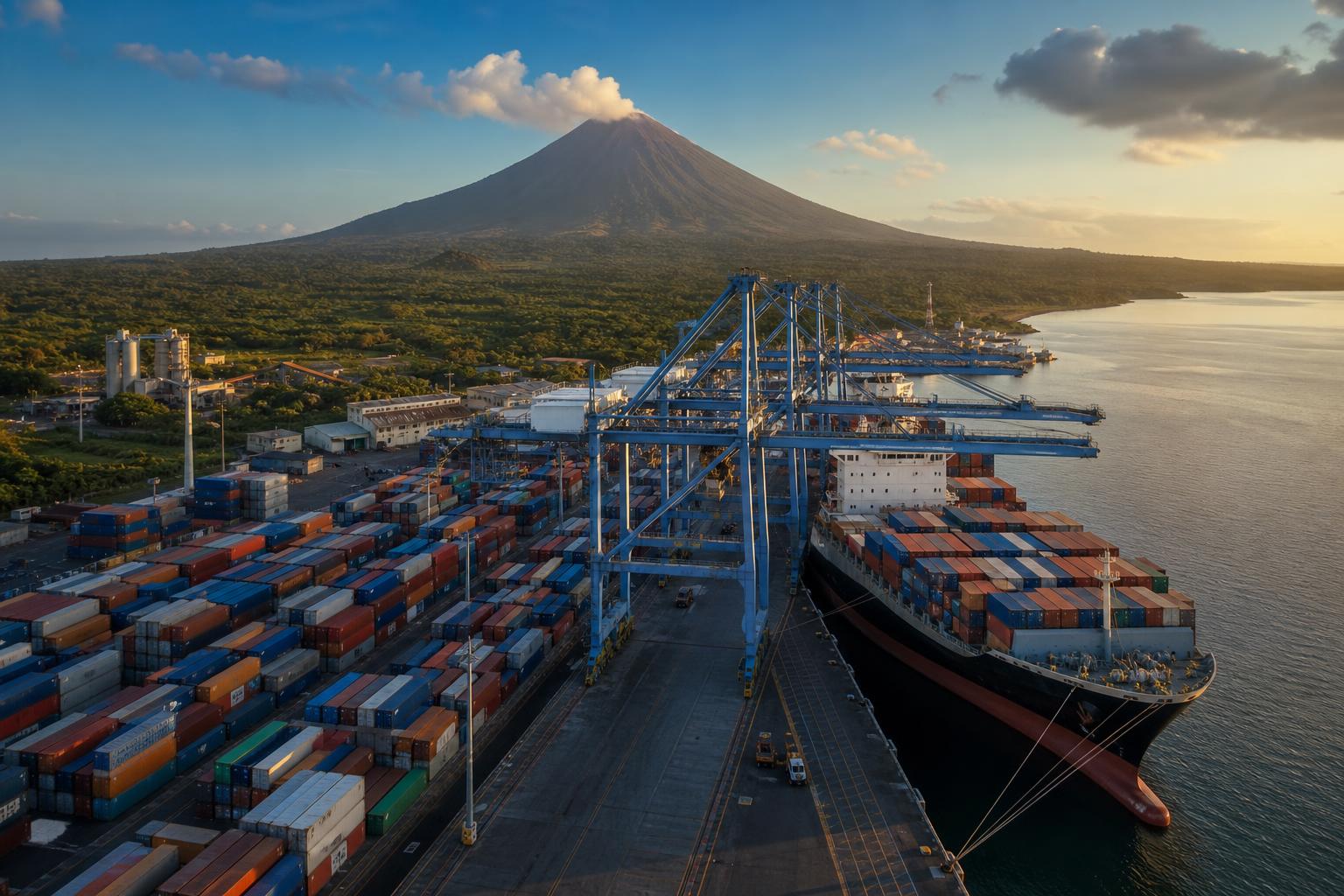 Puerto comercial en Nicaragua al atardecer